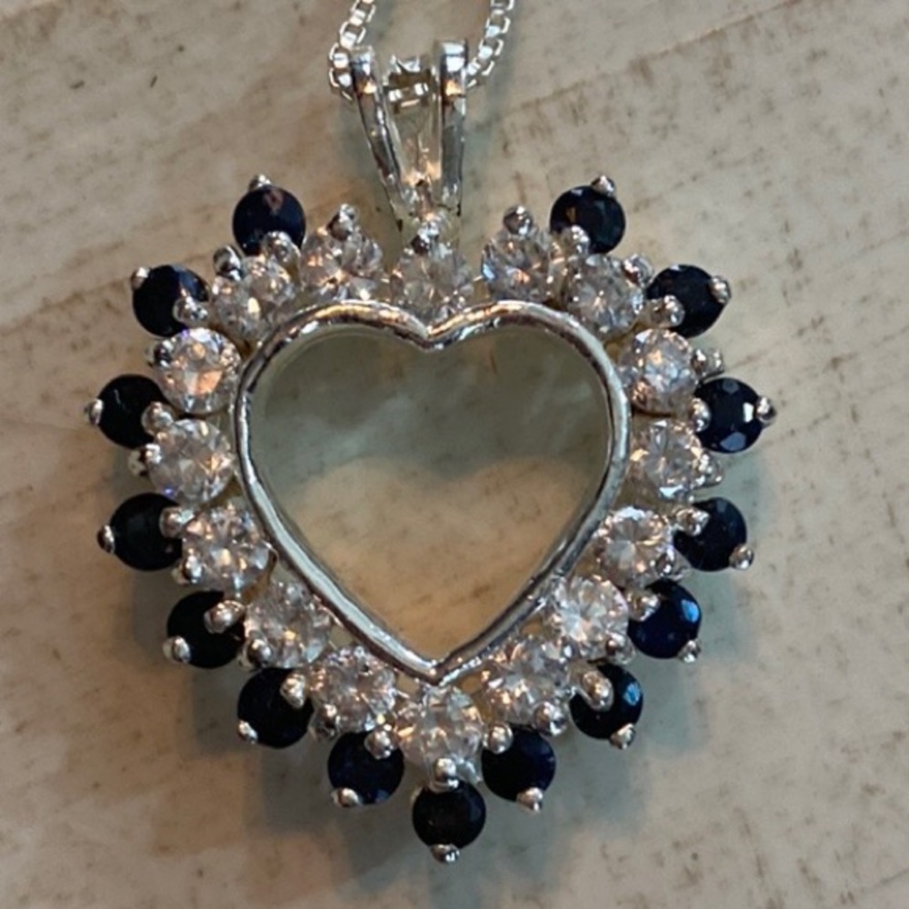 925 Sterling Silver heart shape diamonique and sapphire pendant, 18” box chain